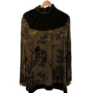 Soft surroundings Velvet flocked Floral Blouse tunic green Womens sz large silk